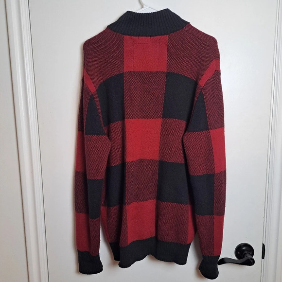 American Eagle Red Black Plaid Knit Button Up Mock Neck Cardigan Sweater Sz M - Picture 2 of 6